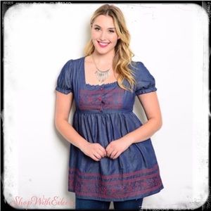 Boho Chic Chambray Denim Peasant Top NWT